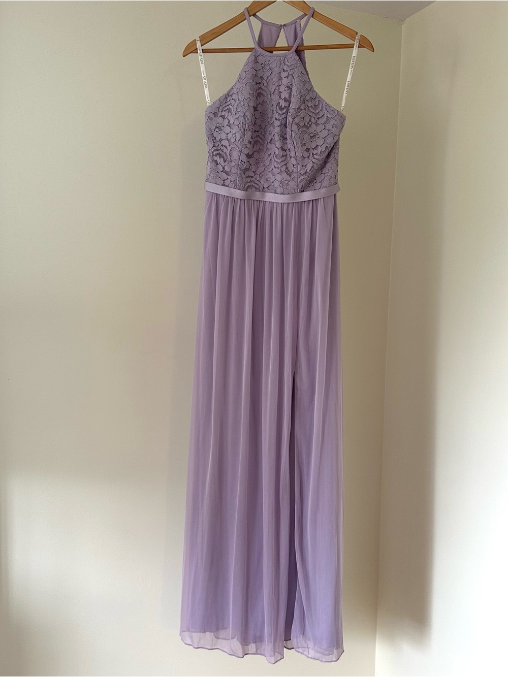 David's Bridal Lavender Iris Lace Halter Maxi Dress